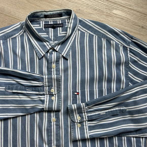 VTG Tommy Hilfiger Mens XXL Lightweight Denim Blue Stripe Long Sleeve Cotton** - Picture 1 of 13